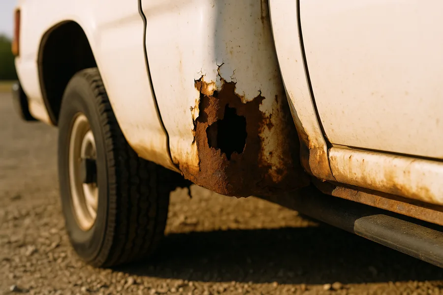 Rust holes and peeling paint on a pickup cab corner needing repair panels