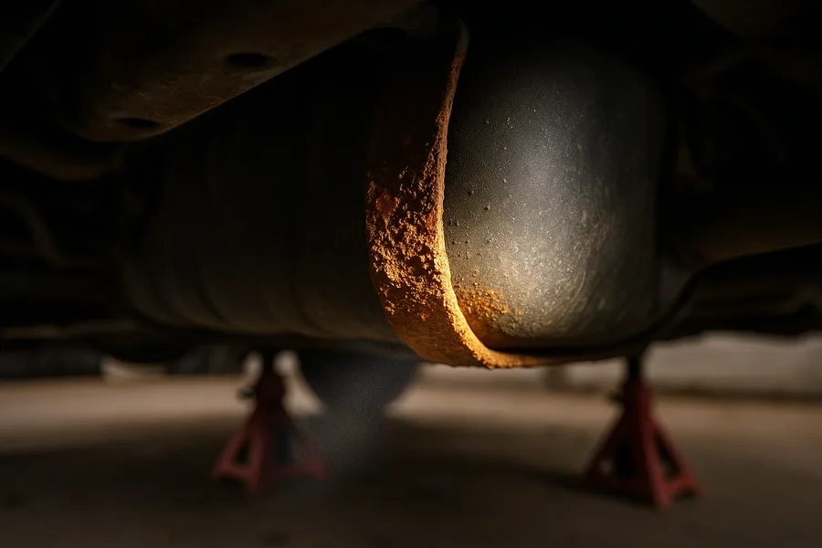 Heavily rusted fuel tank retaining strap under a RAM 1500 pickup truck