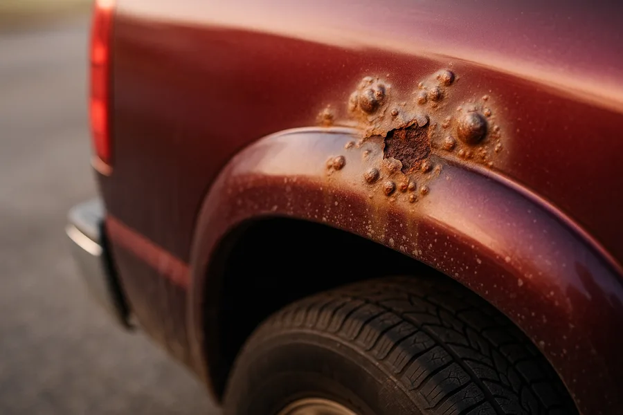 Rust blisters bubbling along the rear wheel arch lip of a RAM 1500 pickup