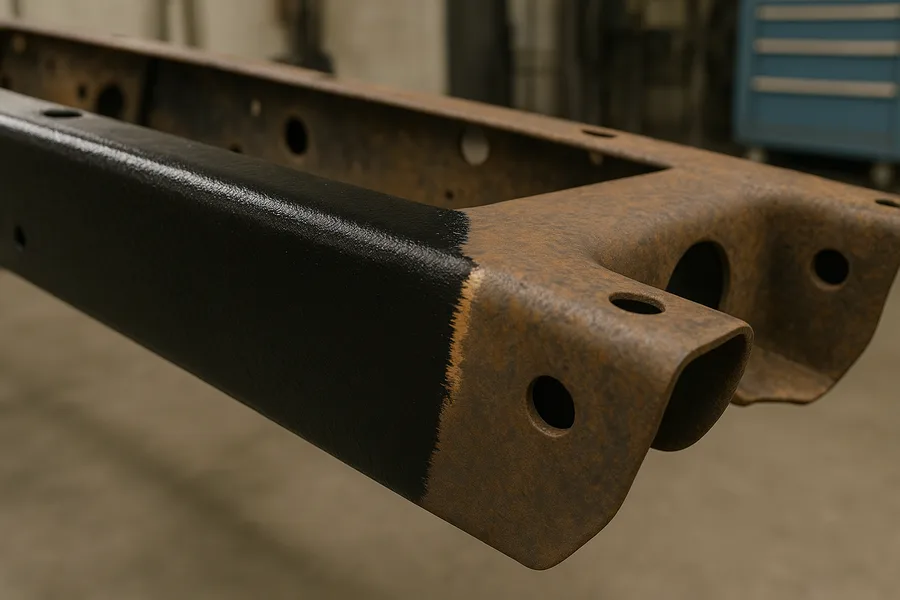 Cured black protective coating on a treated truck frame rail after rust conversion